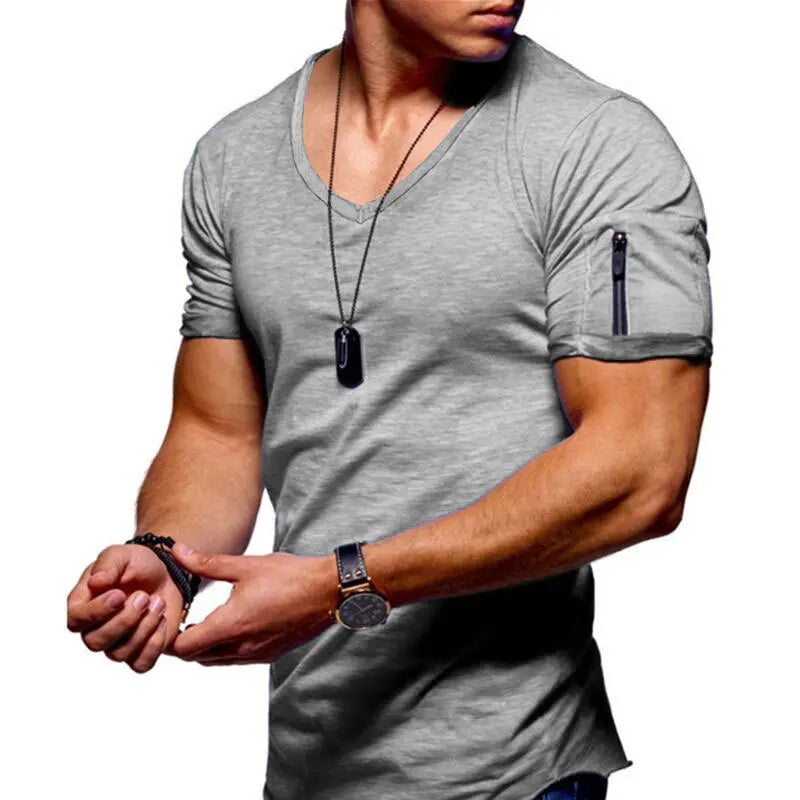 Men T-shirt Casual Soft Fitness Thin T-shirts Sleeve zipper decoration Men's Home Clothes V Neck Short Sleeve T Shirt for Men