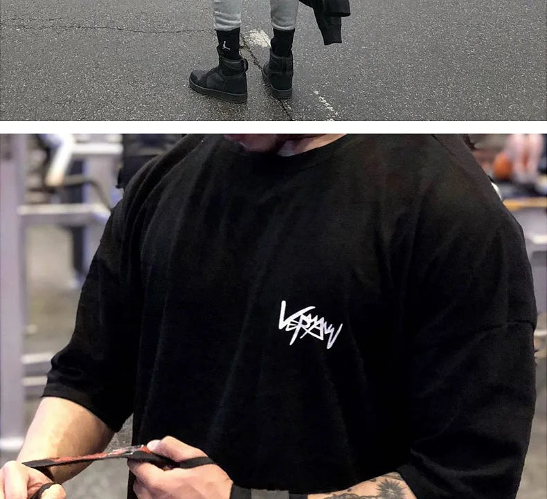 New Men's T Shirt Gym Bodybuilding Clothing Short Sleeve Men Fashion Casual For Male Tops Fitness Oversized Sweatshirt