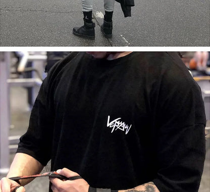 New Men's T Shirt Gym Bodybuilding Clothing Short Sleeve Men Fashion Casual For Male Tops Fitness Oversized Sweatshirt