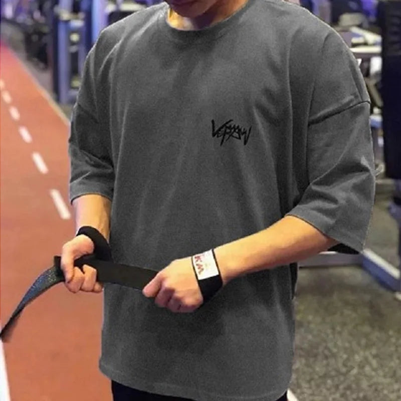 New Men's T Shirt Gym Bodybuilding Clothing Short Sleeve Men Fashion Casual For Male Tops Fitness Oversized Sweatshirt