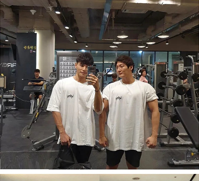 New Men's T Shirt Gym Bodybuilding Clothing Short Sleeve Men Fashion Casual For Male Tops Fitness Oversized Sweatshirt