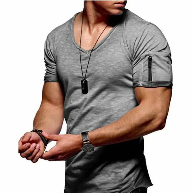 Men T-shirt Casual Soft Fitness Thin T-shirts Sleeve zipper decoration Men's Home Clothes V Neck Short Sleeve T Shirt for Men
