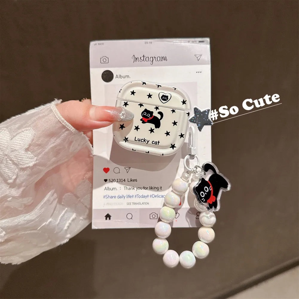 Little Black Cat Star Pearl Lanyard Earphone Case Cute Creative Anti Drop Suitable For AirPods 4 3 1 2 Pro Pro2 INS Style Cover