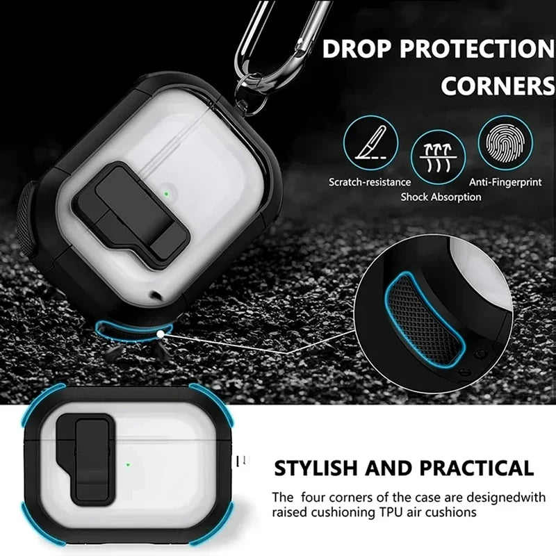 Automatic Switch Safety Lock Case For Airpods 4 For Airpods Pro 2 3 1 case Shockproof Transparent Earphone Case with hook