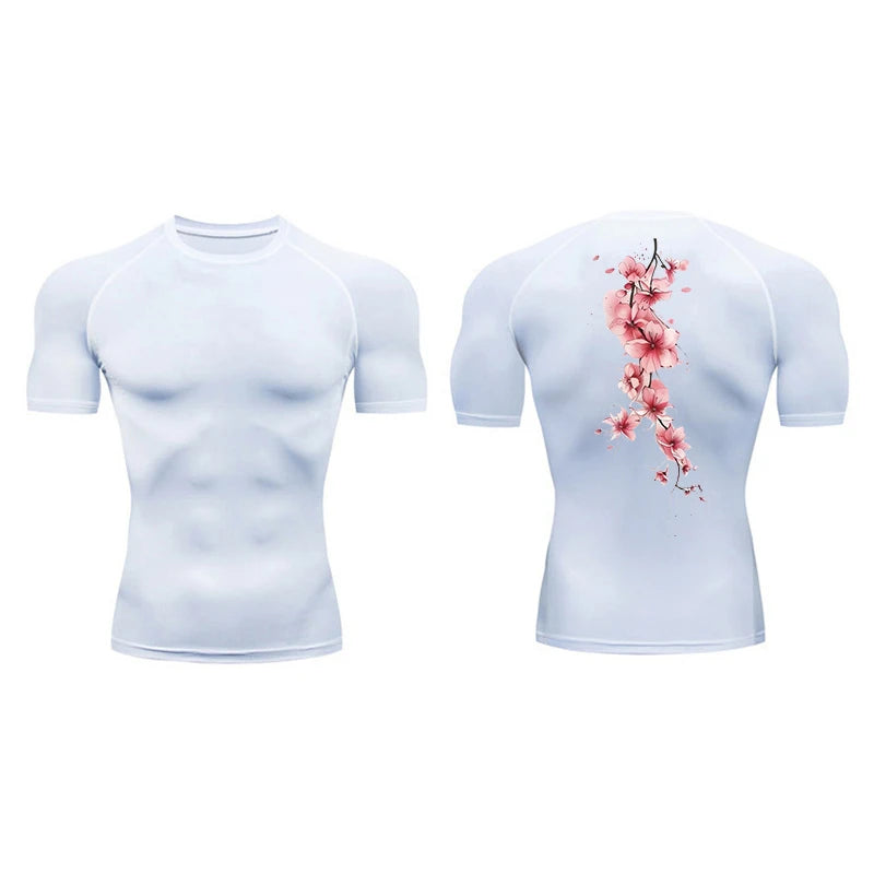 Blossom Print Short Sleeve Compression Shirts for Men Summer Athletic Quick Dry T-shirts Gym Workout Running Tees Sporty Tops
