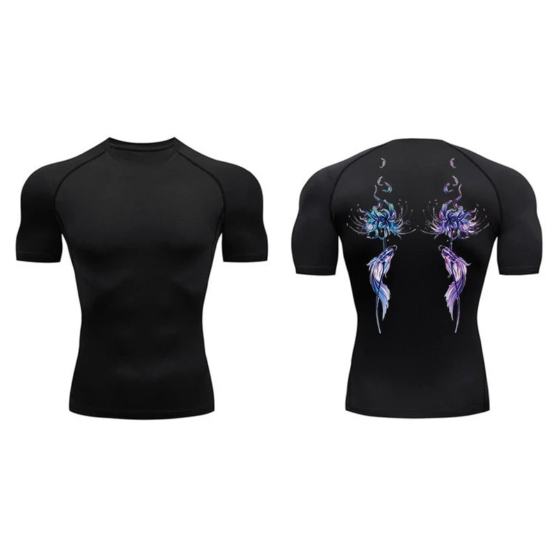 Blossom Print Short Sleeve Compression Shirts for Men Summer Athletic Quick Dry T-shirts Gym Workout Running Tees Sporty Tops