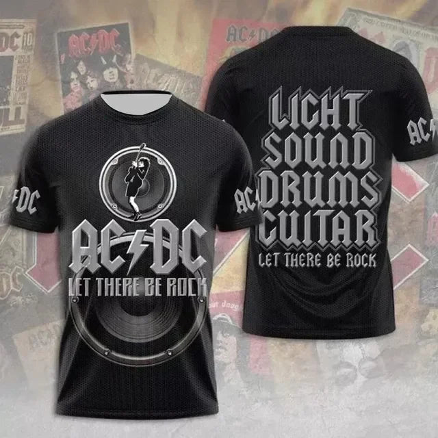Fashion creative AC DC printed men's rock band T-shirt summer trend street round neck short sleeved tops loose unisex clothing