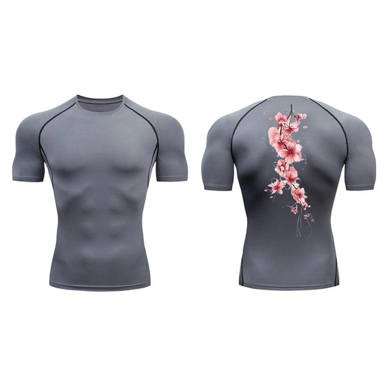 Blossom Print Short Sleeve Compression Shirts for Men Summer Athletic Quick Dry T-shirts Gym Workout Running Tees Sporty Tops