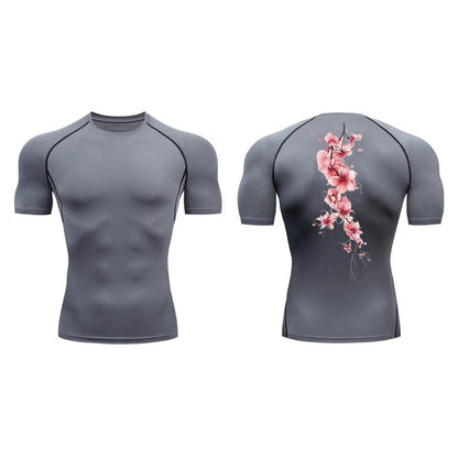 Blossom Print Short Sleeve Compression Shirts for Men Summer Athletic Quick Dry T-shirts Gym Workout Running Tees Sporty Tops