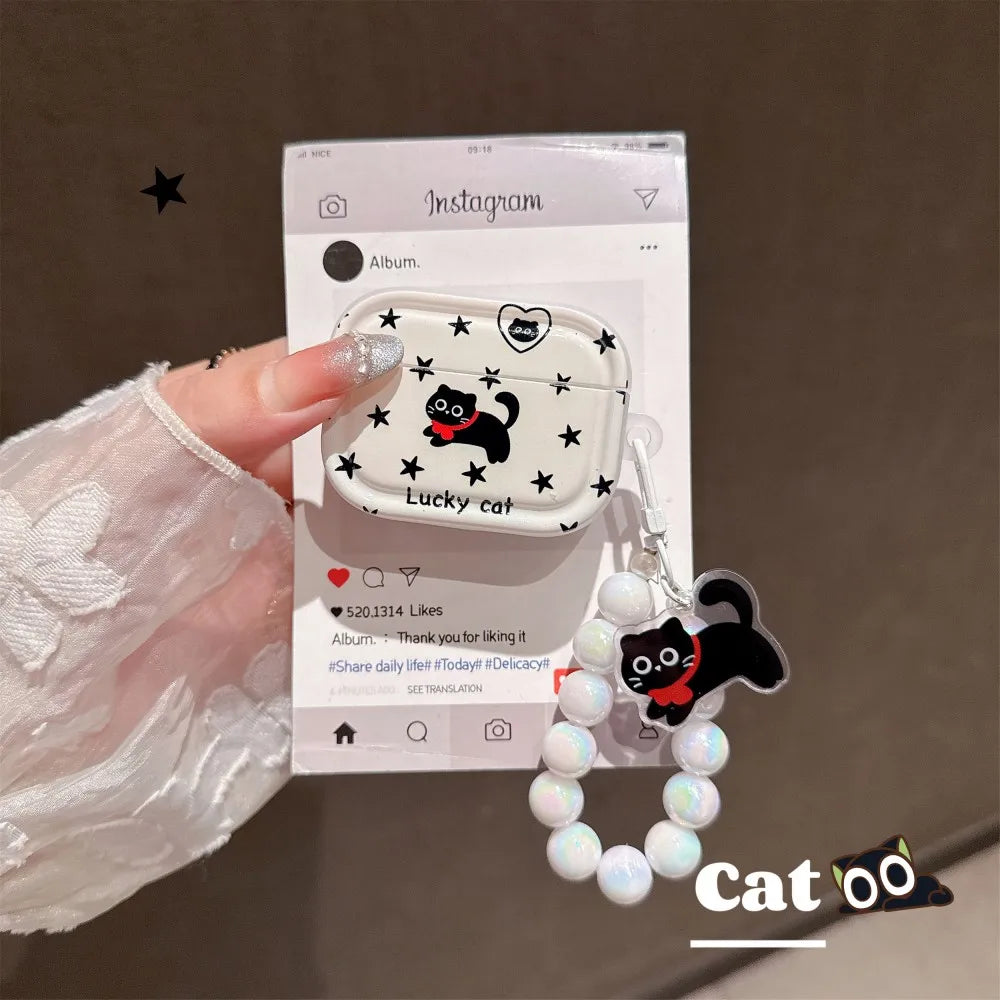 Little Black Cat Star Pearl Lanyard Earphone Case Cute Creative Anti Drop Suitable For AirPods 4 3 1 2 Pro Pro2 INS Style Cover