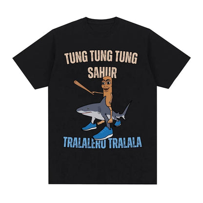 Tung Tung Tung Sahur Baseball Bat T Shirt Tralero Tralala Funny Running Shark Meme T-shirt Men Women Casual Cotton Loose T Shirt