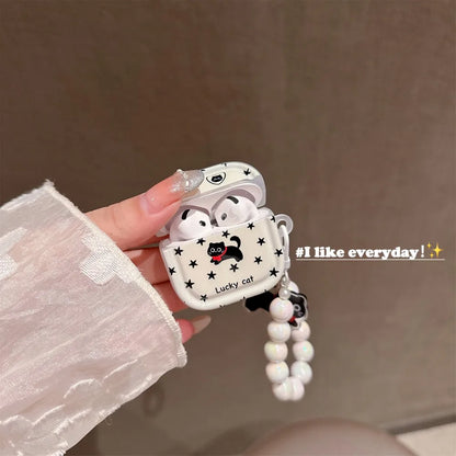 Little Black Cat Star Pearl Lanyard Earphone Case Cute Creative Anti Drop Suitable For AirPods 4 3 1 2 Pro Pro2 INS Style Cover