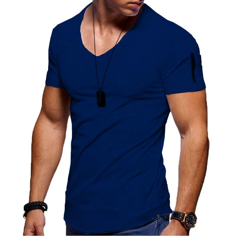 Men T-shirt Casual Soft Fitness Thin T-shirts Sleeve zipper decoration Men's Home Clothes V Neck Short Sleeve T Shirt for Men