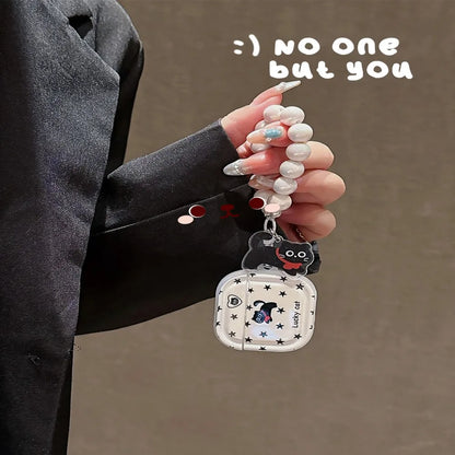 Little Black Cat Star Pearl Lanyard Earphone Case Cute Creative Anti Drop Suitable For AirPods 4 3 1 2 Pro Pro2 INS Style Cover
