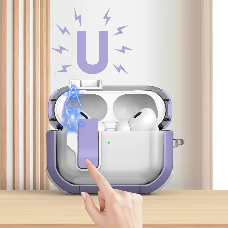 Automatic Switch Safety Lock Case For Airpods 4 For Airpods Pro 2 3 1 case Shockproof Transparent Earphone Case with hook