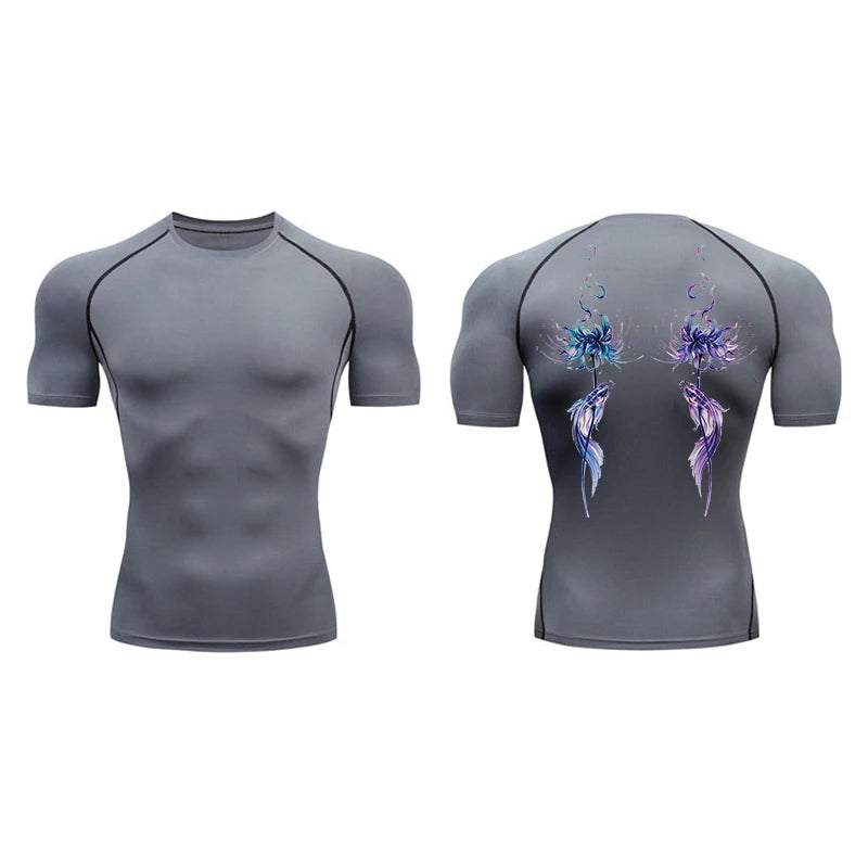 Blossom Print Short Sleeve Compression Shirts for Men Summer Athletic Quick Dry T-shirts Gym Workout Running Tees Sporty Tops