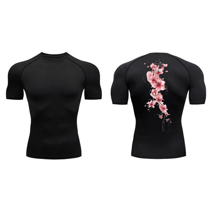 Blossom Print Short Sleeve Compression Shirts for Men Summer Athletic Quick Dry T-shirts Gym Workout Running Tees Sporty Tops