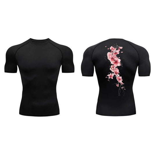 Blossom Print Short Sleeve Compression Shirts for Men Summer Athletic Quick Dry T-shirts Gym Workout Running Tees Sporty Tops