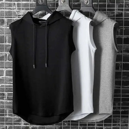 2025 Summer New Sleeveless Tank Top Men's Fashion Casual T-shirt Solid Color Hooded Strap T-shirt Hip Hop Street Sweatshirt