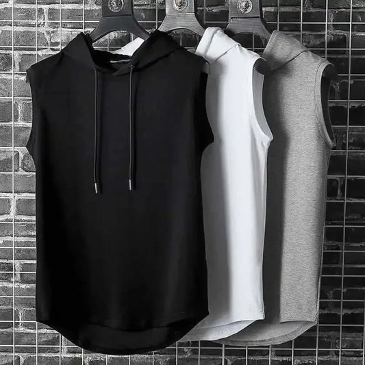 2025 Summer New Sleeveless Tank Top Men's Fashion Casual T-shirt Solid Color Hooded Strap T-shirt Hip Hop Street Sweatshirt