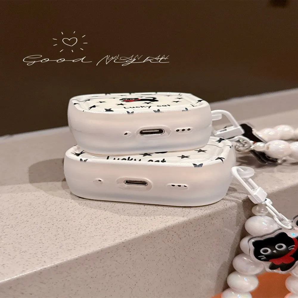 Little Black Cat Star Pearl Lanyard Earphone Case Cute Creative Anti Drop Suitable For AirPods 4 3 1 2 Pro Pro2 INS Style Cover