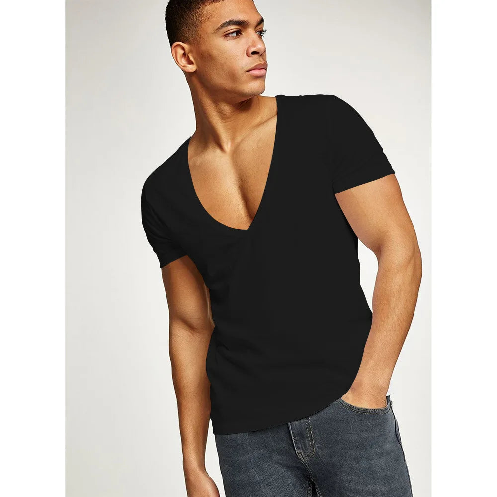 MRMT New Men's T-Shirt Deep V-Neck Europe Size Fitness Leisure Cotton Men T-Shirts Solid Color For Male Tops Tees Man T shirts