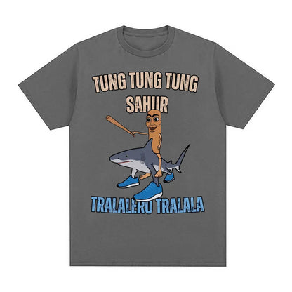 Tung Tung Tung Sahur Baseball Bat T Shirt Tralero Tralala Funny Running Shark Meme T-shirt Men Women Casual Cotton Loose T Shirt