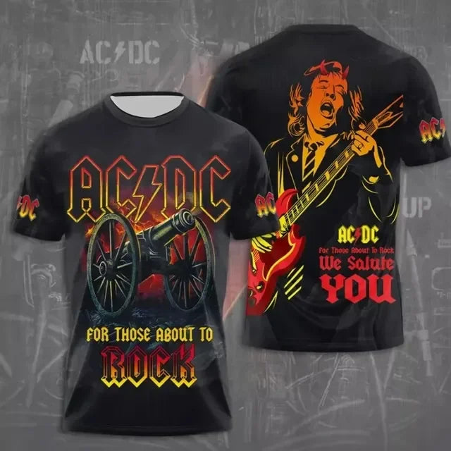 Fashion creative AC DC printed men's rock band T-shirt summer trend street round neck short sleeved tops loose unisex clothing