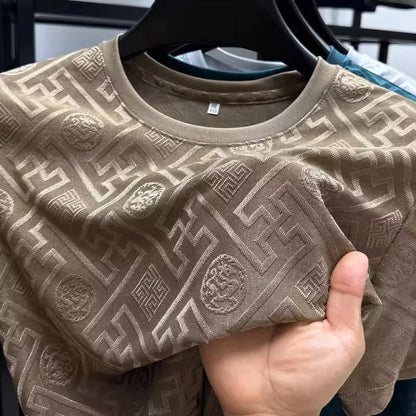 High end brand ice silk round neck short sleeved T-shirt for men's 2024 summer new fashionable printed comfortable casual top