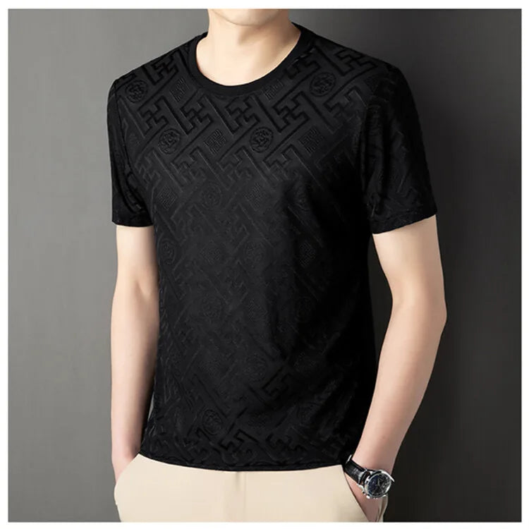 High end brand ice silk round neck short sleeved T-shirt for men's 2024 summer new fashionable printed comfortable casual top