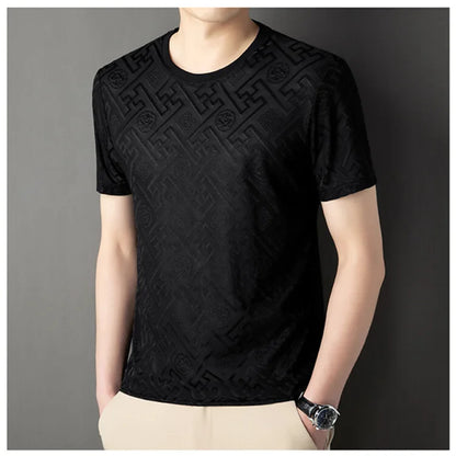 High end brand ice silk round neck short sleeved T-shirt for men's 2024 summer new fashionable printed comfortable casual top