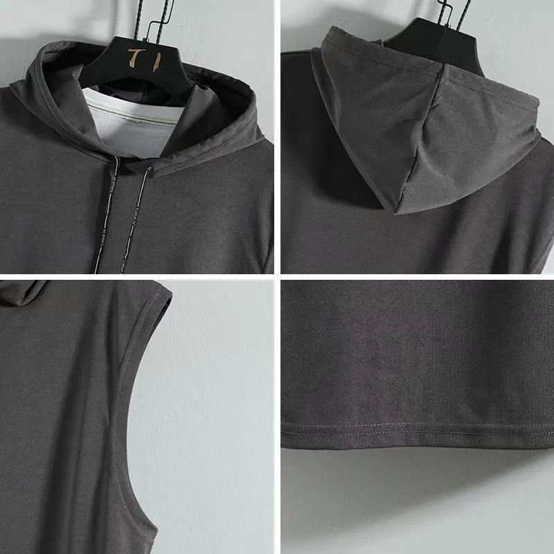 2025 Summer New Sleeveless Tank Top Men's Fashion Casual T-shirt Solid Color Hooded Strap T-shirt Hip Hop Street Sweatshirt