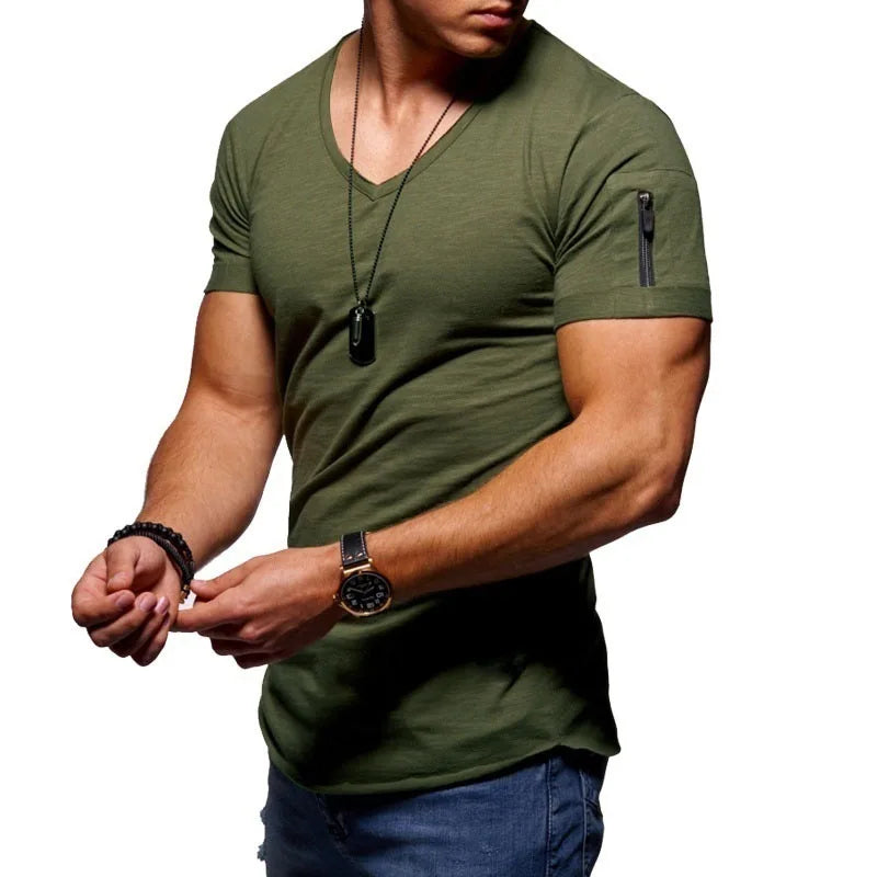 Men T-shirt Casual Soft Fitness Thin T-shirts Sleeve zipper decoration Men's Home Clothes V Neck Short Sleeve T Shirt for Men