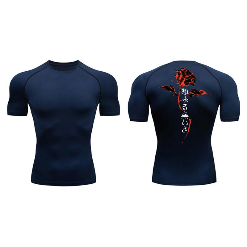Blossom Print Short Sleeve Compression Shirts for Men Summer Athletic Quick Dry T-shirts Gym Workout Running Tees Sporty Tops