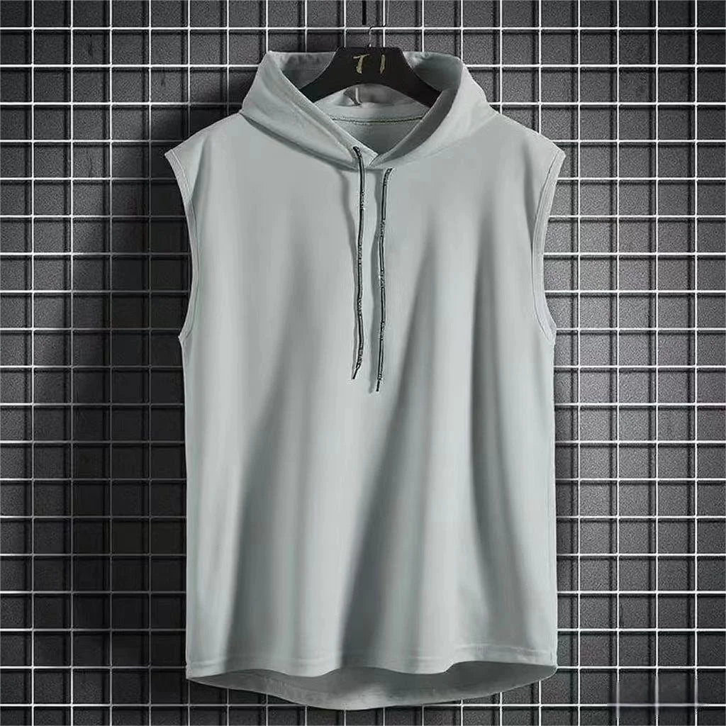 2025 Summer New Sleeveless Tank Top Men's Fashion Casual T-shirt Solid Color Hooded Strap T-shirt Hip Hop Street Sweatshirt