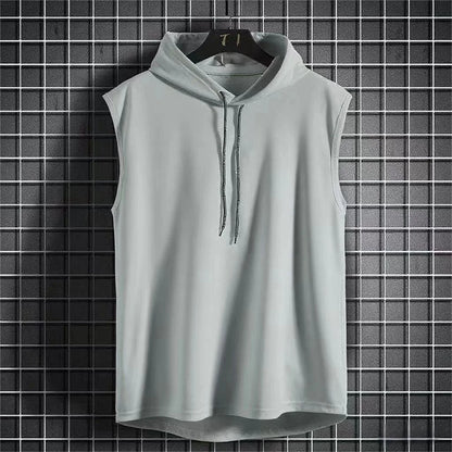 2025 Summer New Sleeveless Tank Top Men's Fashion Casual T-shirt Solid Color Hooded Strap T-shirt Hip Hop Street Sweatshirt