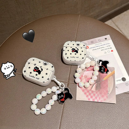 Little Black Cat Star Pearl Lanyard Earphone Case Cute Creative Anti Drop Suitable For AirPods 4 3 1 2 Pro Pro2 INS Style Cover