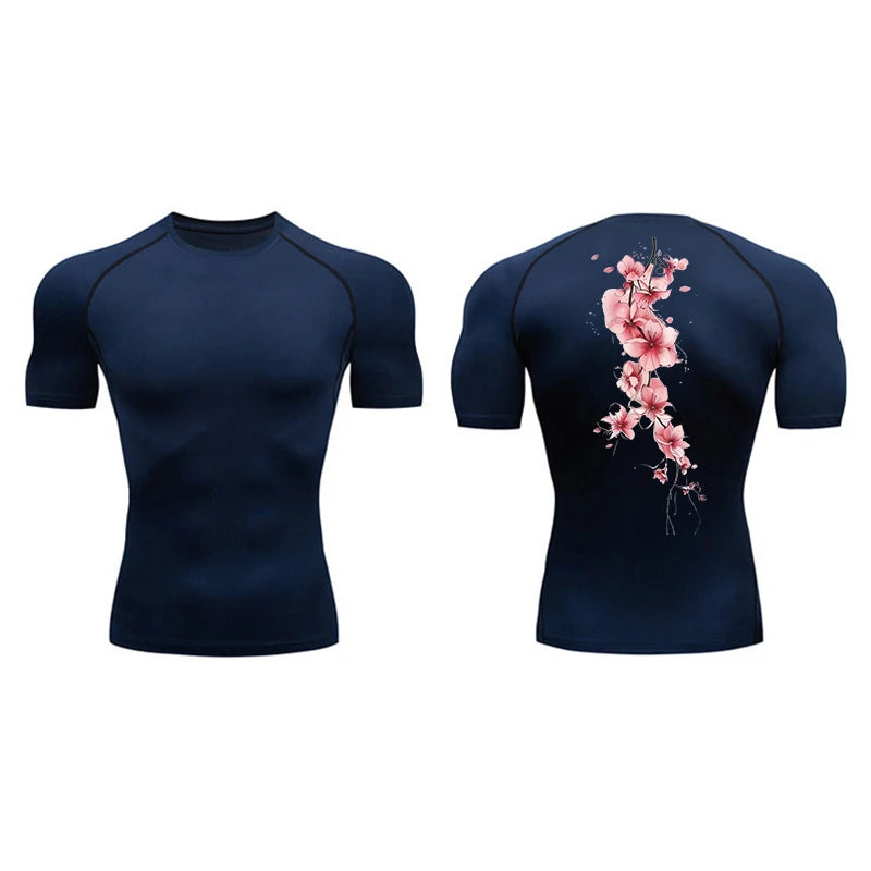 Blossom Print Short Sleeve Compression Shirts for Men Summer Athletic Quick Dry T-shirts Gym Workout Running Tees Sporty Tops