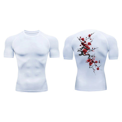 Blossom Print Short Sleeve Compression Shirts for Men Summer Athletic Quick Dry T-shirts Gym Workout Running Tees Sporty Tops
