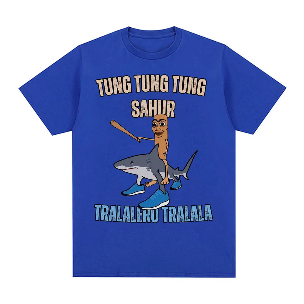 Tung Tung Tung Sahur Baseball Bat T Shirt Tralero Tralala Funny Running Shark Meme T-shirt Men Women Casual Cotton Loose T Shirt