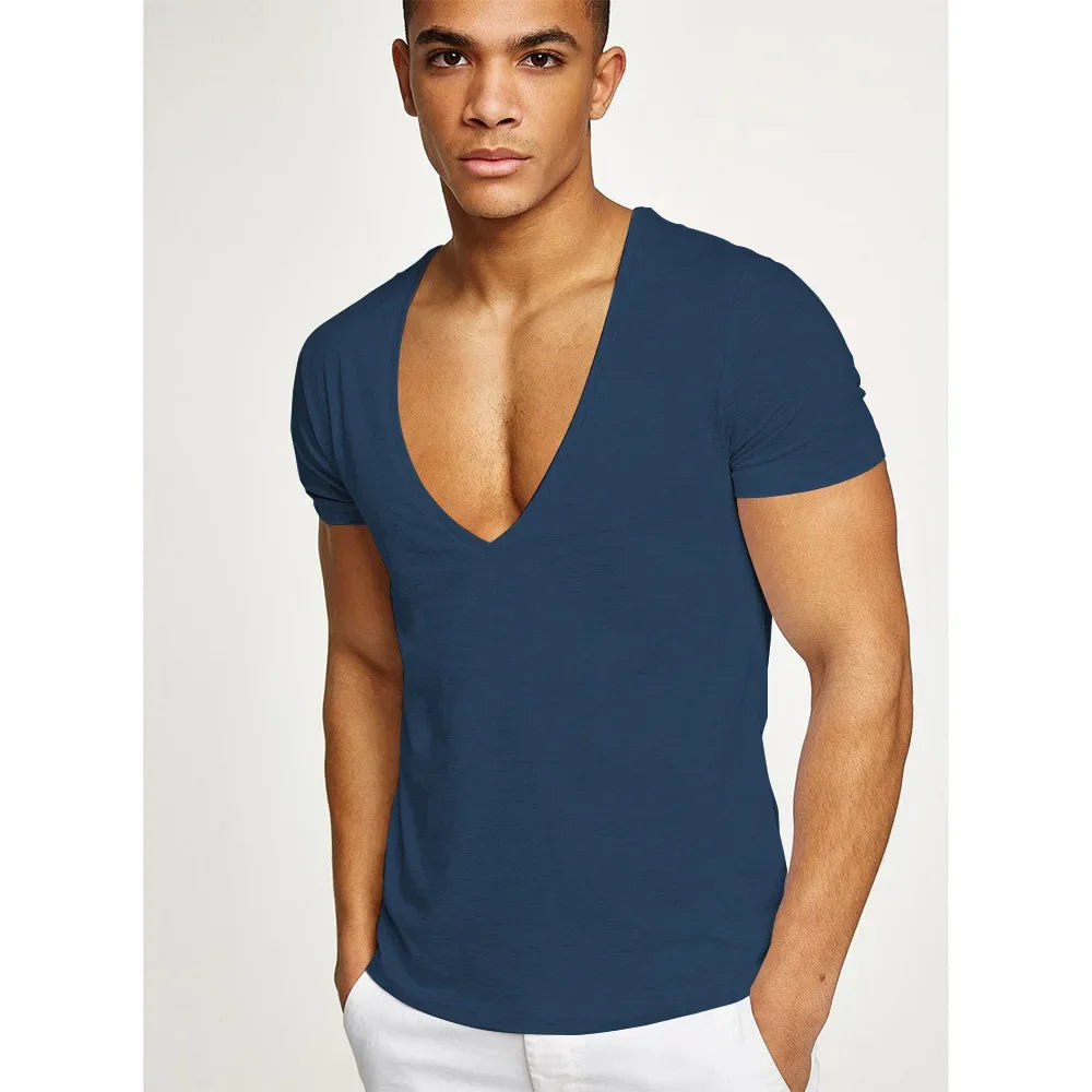 MRMT New Men's T-Shirt Deep V-Neck Europe Size Fitness Leisure Cotton Men T-Shirts Solid Color For Male Tops Tees Man T shirts