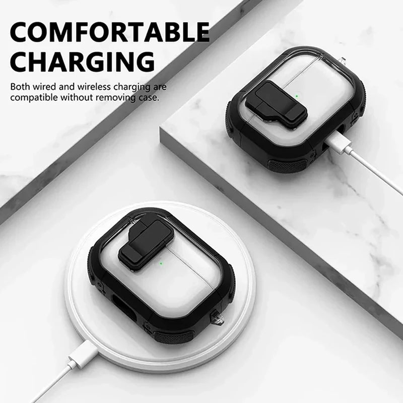 Automatic Switch Safety Lock Case For Airpods 4 For Airpods Pro 2 3 1 case Shockproof Transparent Earphone Case with hook