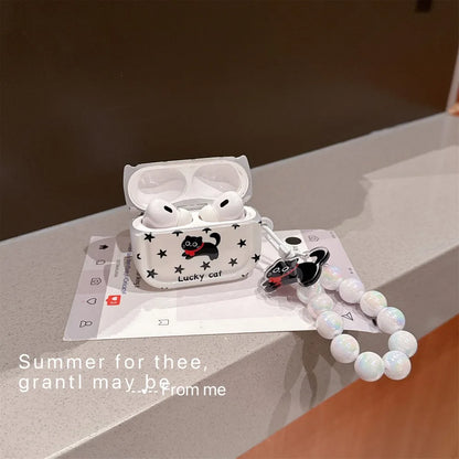 Little Black Cat Star Pearl Lanyard Earphone Case Cute Creative Anti Drop Suitable For AirPods 4 3 1 2 Pro Pro2 INS Style Cover