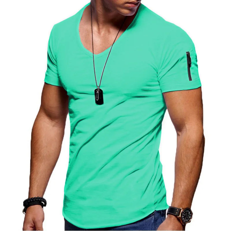 Men T-shirt Casual Soft Fitness Thin T-shirts Sleeve zipper decoration Men's Home Clothes V Neck Short Sleeve T Shirt for Men
