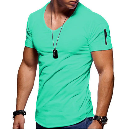 Men T-shirt Casual Soft Fitness Thin T-shirts Sleeve zipper decoration Men's Home Clothes V Neck Short Sleeve T Shirt for Men