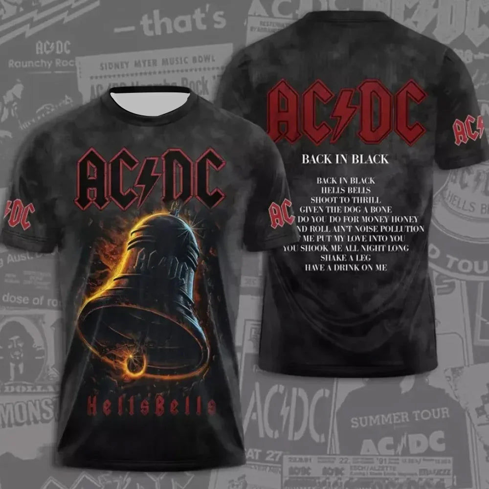 Fashion creative AC DC printed men's rock band T-shirt summer trend street round neck short sleeved tops loose unisex clothing
