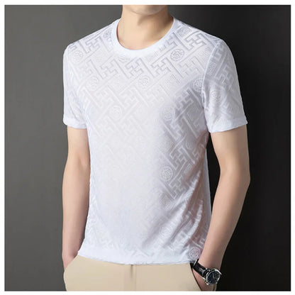 High end brand ice silk round neck short sleeved T-shirt for men's 2024 summer new fashionable printed comfortable casual top