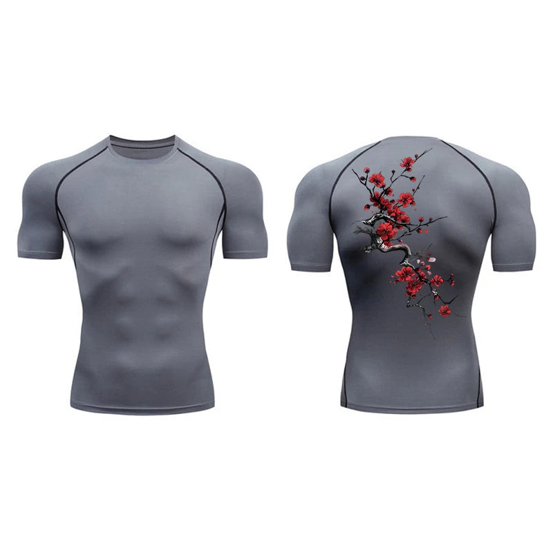Blossom Print Short Sleeve Compression Shirts for Men Summer Athletic Quick Dry T-shirts Gym Workout Running Tees Sporty Tops