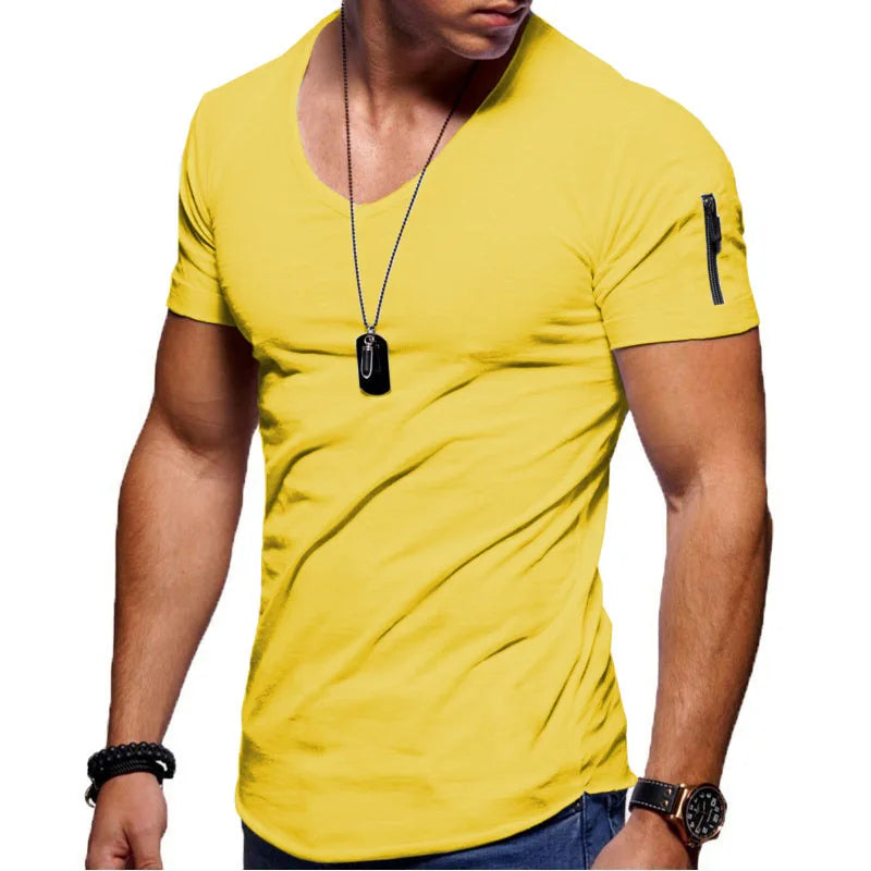 Men T-shirt Casual Soft Fitness Thin T-shirts Sleeve zipper decoration Men's Home Clothes V Neck Short Sleeve T Shirt for Men