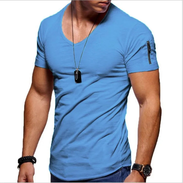 Men T-shirt Casual Soft Fitness Thin T-shirts Sleeve zipper decoration Men's Home Clothes V Neck Short Sleeve T Shirt for Men